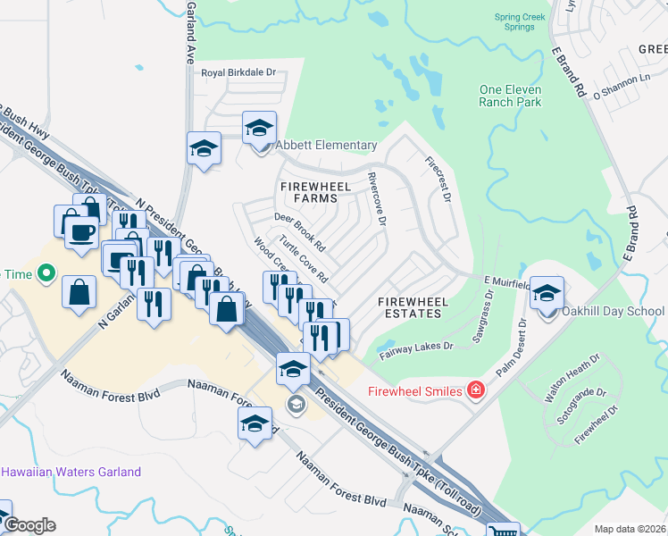 map of restaurants, bars, coffee shops, grocery stores, and more near 5209 Deer Brook Road in Garland