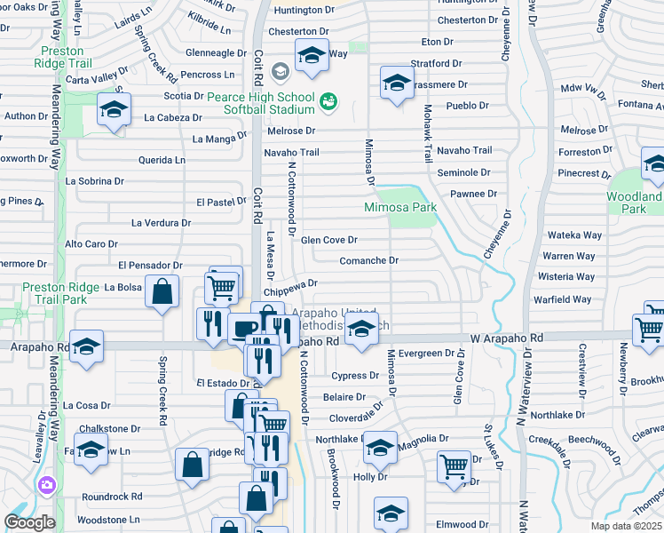 map of restaurants, bars, coffee shops, grocery stores, and more near 1320 Comanche Drive in Richardson