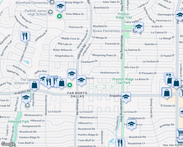 map of restaurants, bars, coffee shops, grocery stores, and more near 7225 Alto Caro Drive in Dallas