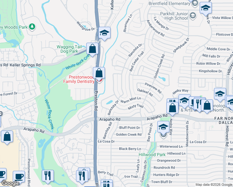 map of restaurants, bars, coffee shops, grocery stores, and more near 16007 Ranchita Drive in Dallas