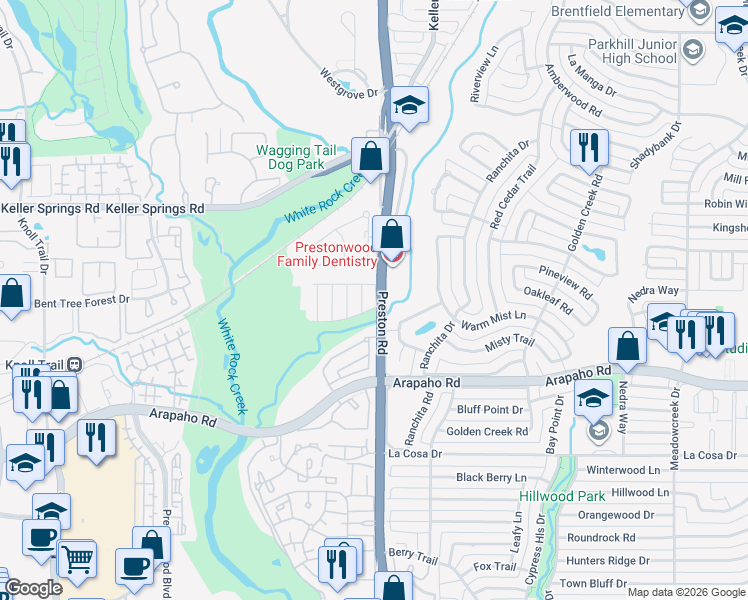 map of restaurants, bars, coffee shops, grocery stores, and more near 15927 Archwood Lane in Dallas
