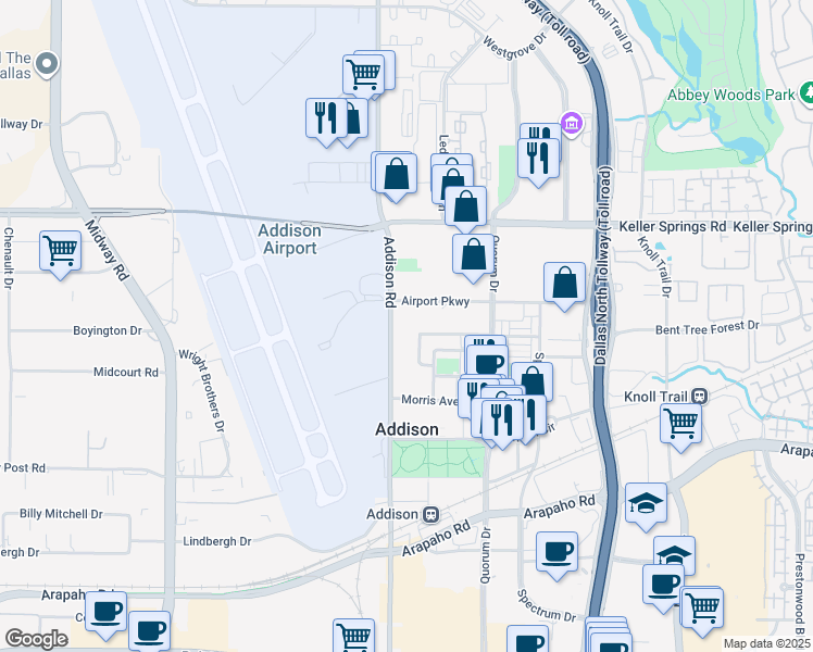 map of restaurants, bars, coffee shops, grocery stores, and more near in Addison
