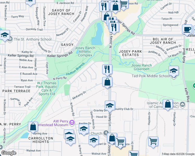 map of restaurants, bars, coffee shops, grocery stores, and more near 1814 Elmwood Lane in Carrollton