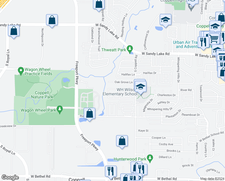 map of restaurants, bars, coffee shops, grocery stores, and more near 41 Timberview in Coppell