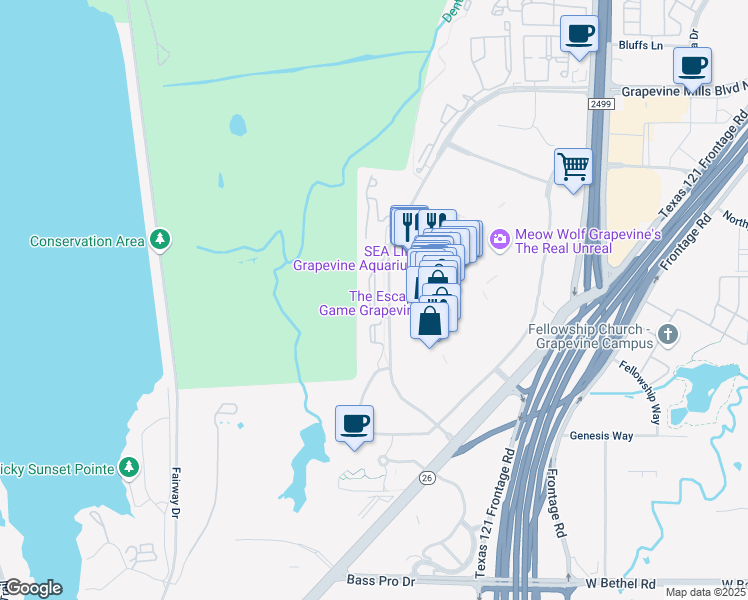 map of restaurants, bars, coffee shops, grocery stores, and more near 2611 Anderson Gibson Road in Grapevine