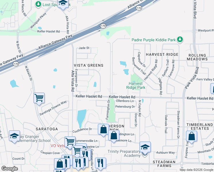 map of restaurants, bars, coffee shops, grocery stores, and more near 3941 Vista Greens Drive in Fort Worth