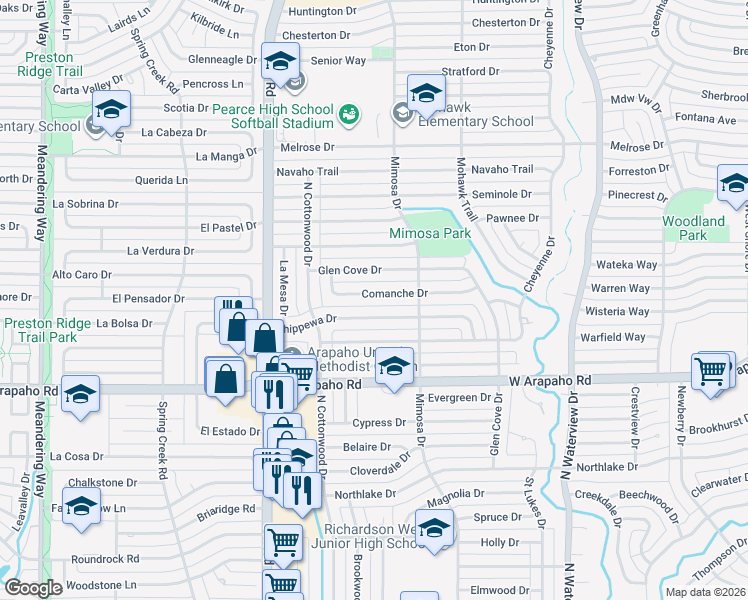 map of restaurants, bars, coffee shops, grocery stores, and more near 1320 Comanche Drive in Richardson