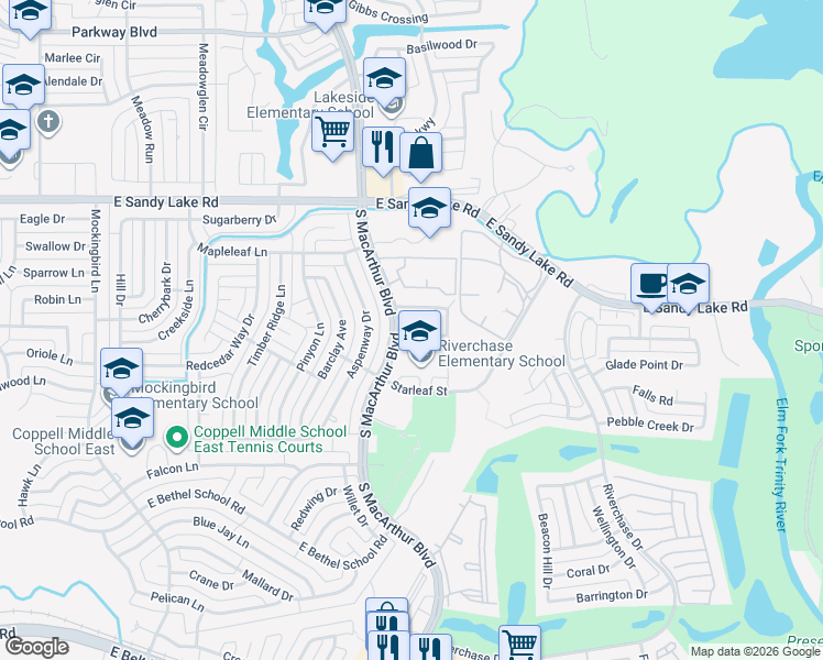 map of restaurants, bars, coffee shops, grocery stores, and more near 1005 Colonial Drive in Coppell