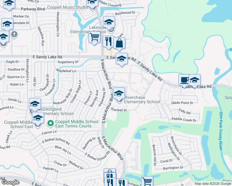 map of restaurants, bars, coffee shops, grocery stores, and more near 1005 Colonial Drive in Coppell
