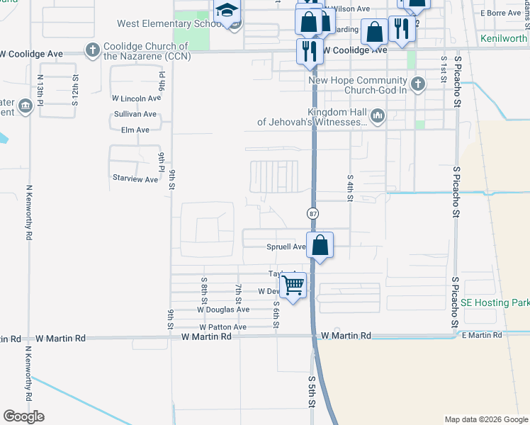 map of restaurants, bars, coffee shops, grocery stores, and more near 1315 South 6th Street in Coolidge