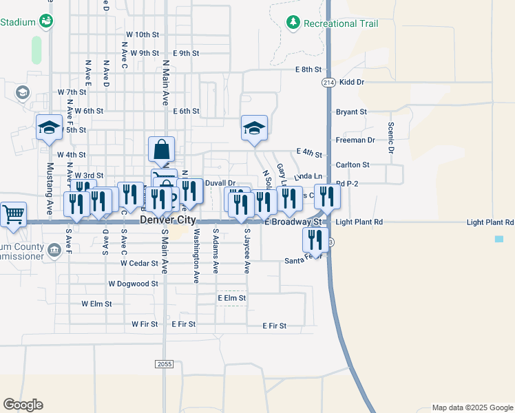 map of restaurants, bars, coffee shops, grocery stores, and more near 100-200 North Morningside Avenue in Denver City