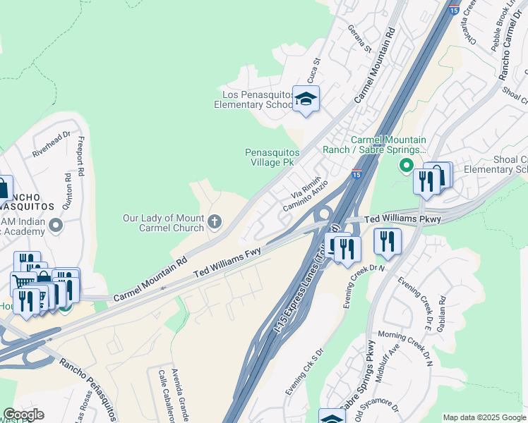 map of restaurants, bars, coffee shops, grocery stores, and more near 10472 Caminito Rimini in San Diego