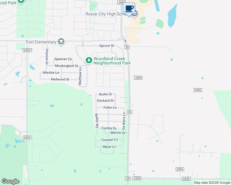map of restaurants, bars, coffee shops, grocery stores, and more near 3254 Burke Drive in Royse City