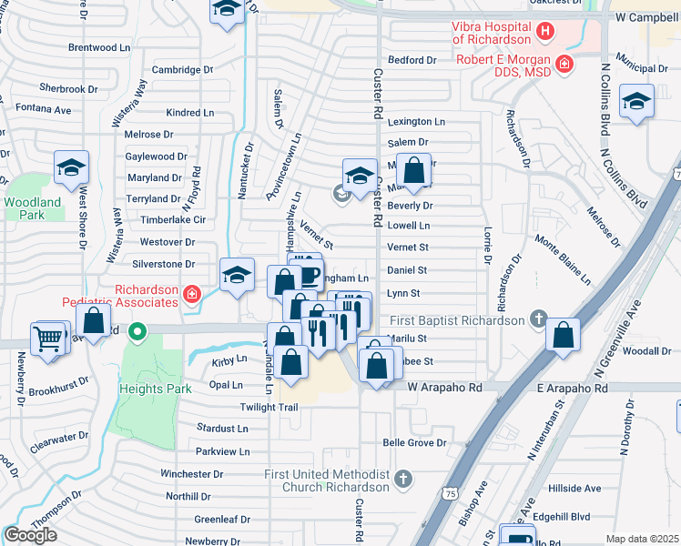 map of restaurants, bars, coffee shops, grocery stores, and more near 312 Rockingham Lane in Richardson