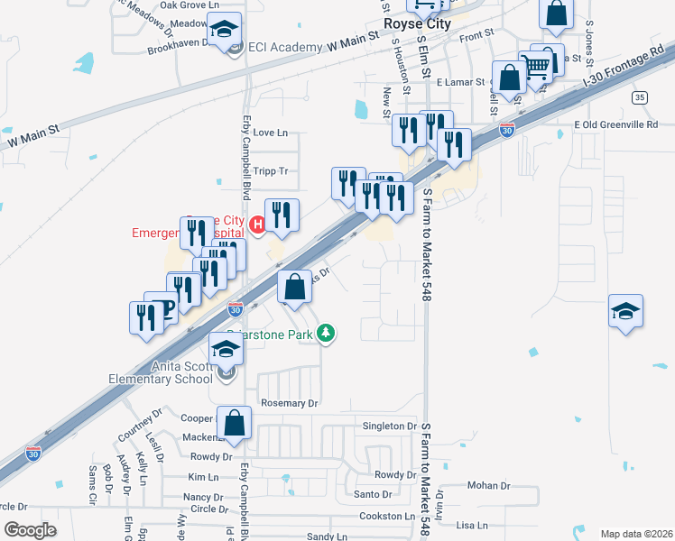 map of restaurants, bars, coffee shops, grocery stores, and more near 325 Briar Oaks Drive in Royse City