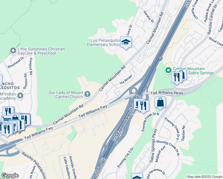 map of restaurants, bars, coffee shops, grocery stores, and more near 10511 Caminito Rimini in San Diego