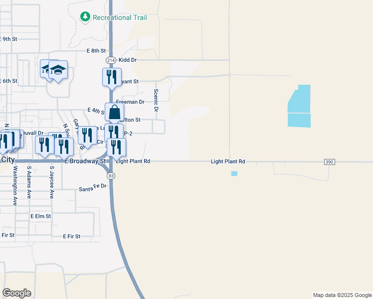 map of restaurants, bars, coffee shops, grocery stores, and more near 1511 Light Plant Road in Denver City