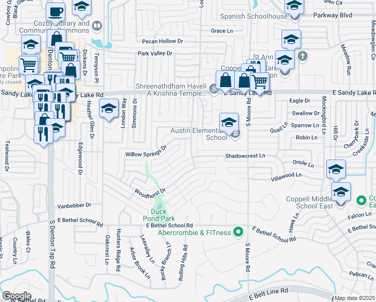 map of restaurants, bars, coffee shops, grocery stores, and more near 467 Cambria Drive in Coppell