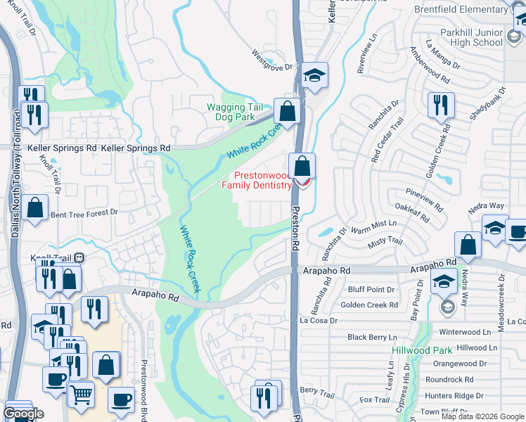 map of restaurants, bars, coffee shops, grocery stores, and more near 15934 Club Crest Drive in Dallas