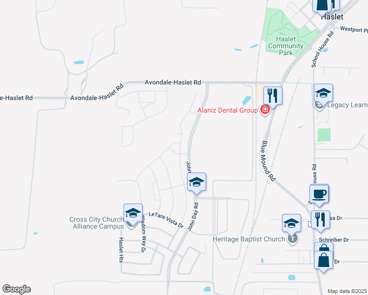 map of restaurants, bars, coffee shops, grocery stores, and more near 639 Agape Drive in Haslet