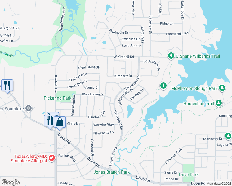 map of restaurants, bars, coffee shops, grocery stores, and more near 2802 Springbranch Court in Grapevine