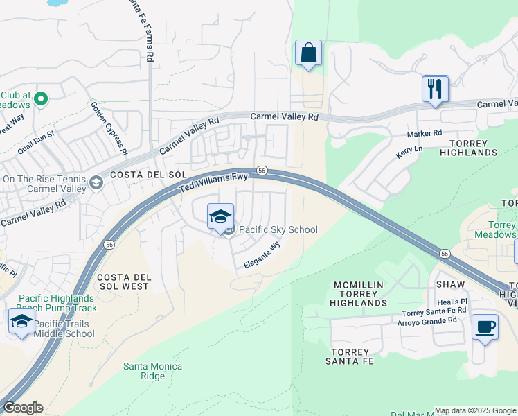 map of restaurants, bars, coffee shops, grocery stores, and more near 6767 Solterra Vista Parkway in San Diego