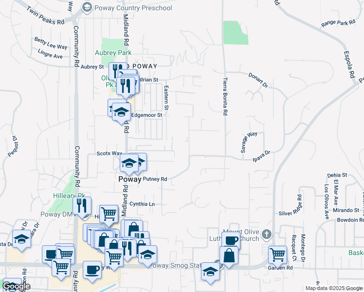 map of restaurants, bars, coffee shops, grocery stores, and more near 13918 Putney Road in Poway