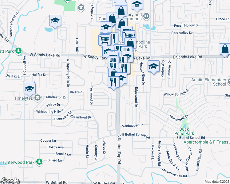 map of restaurants, bars, coffee shops, grocery stores, and more near 207 South Denton Tap Road in Coppell