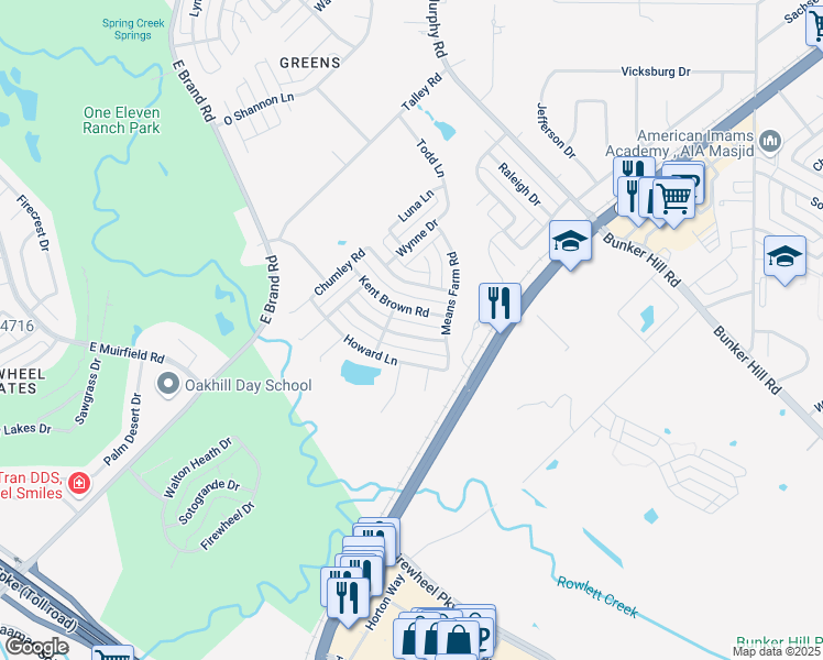 map of restaurants, bars, coffee shops, grocery stores, and more near 1118 Homer Johnson Lane in Garland