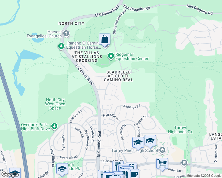 map of restaurants, bars, coffee shops, grocery stores, and more near 13634 Via Viejo in San Diego