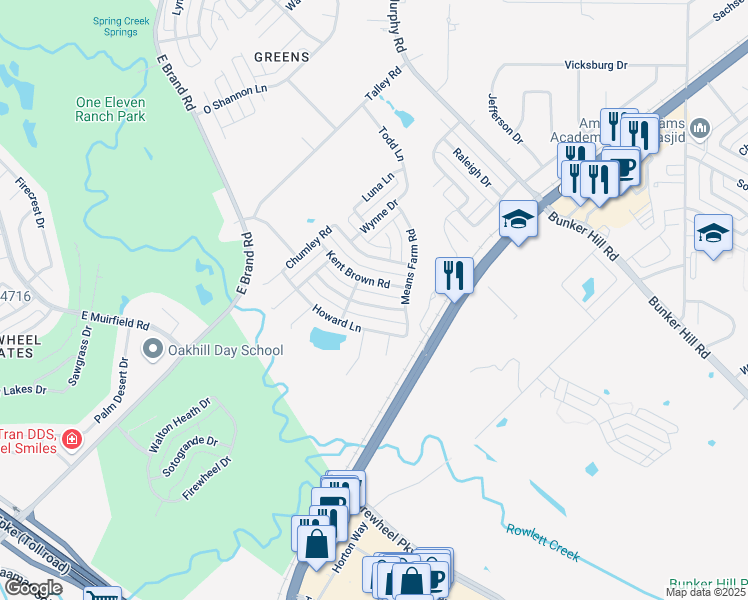 map of restaurants, bars, coffee shops, grocery stores, and more near 1118 Homer Johnson Lane in Garland