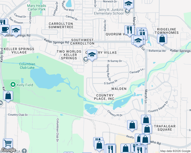 map of restaurants, bars, coffee shops, grocery stores, and more near 2700 Peach Tree Drive in Carrollton