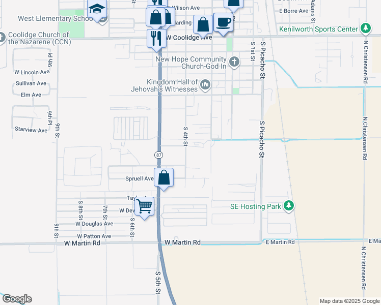 map of restaurants, bars, coffee shops, grocery stores, and more near 1285 South 4th Street in Coolidge