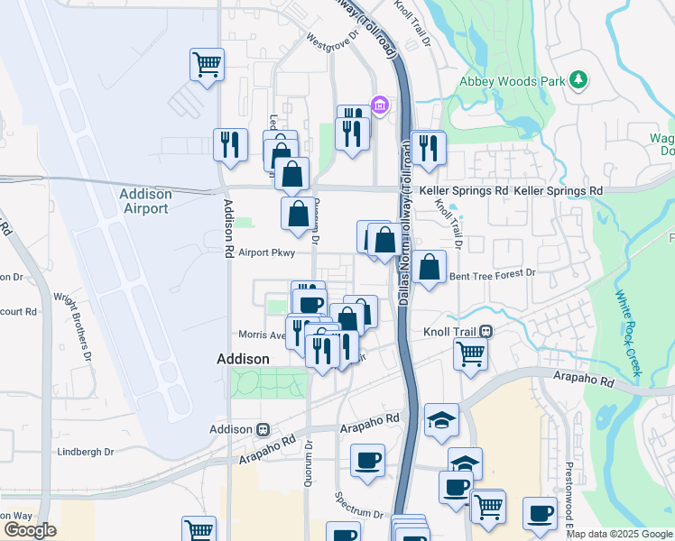 map of restaurants, bars, coffee shops, grocery stores, and more near 5015 Meridian Lane in Addison