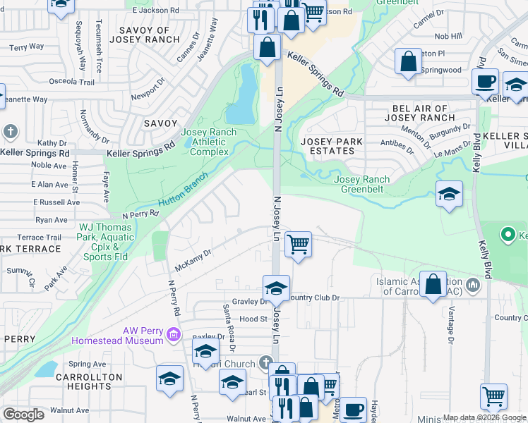 map of restaurants, bars, coffee shops, grocery stores, and more near 1929 North Josey Lane in Carrollton