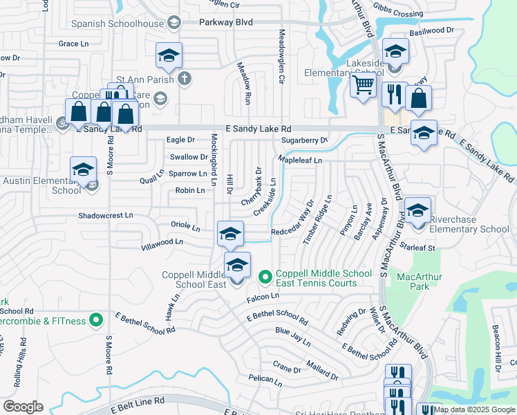 map of restaurants, bars, coffee shops, grocery stores, and more near 229 Creekside Lane in Coppell