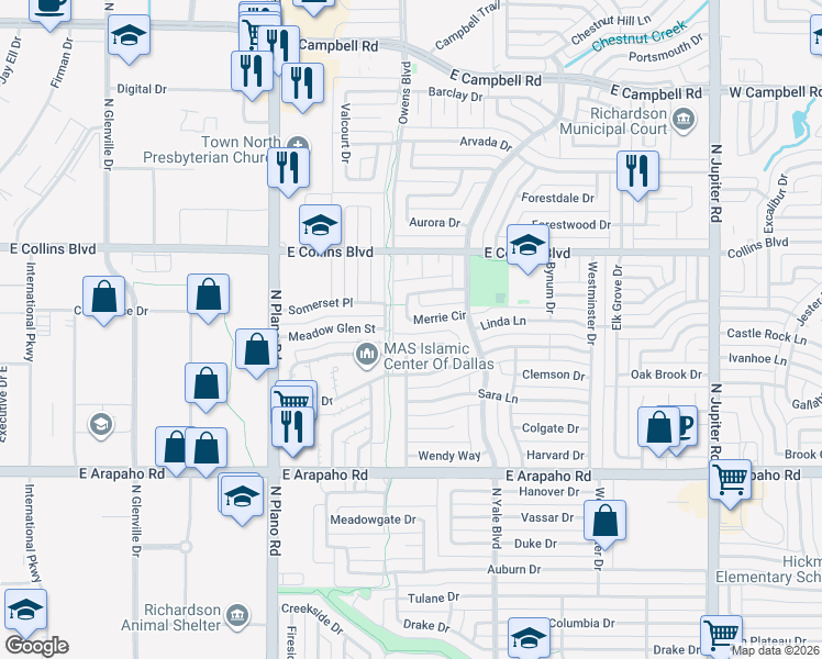 map of restaurants, bars, coffee shops, grocery stores, and more near 17 Merrie Circle in Richardson