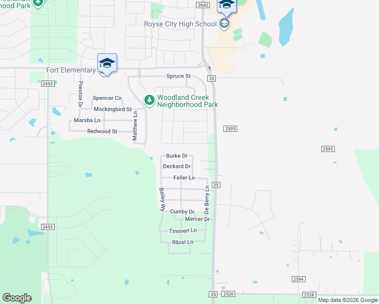 map of restaurants, bars, coffee shops, grocery stores, and more near 3254 Burke Drive in Royse City