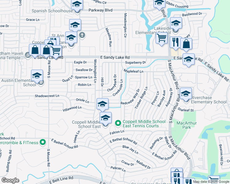 map of restaurants, bars, coffee shops, grocery stores, and more near 229 Creekside Lane in Coppell