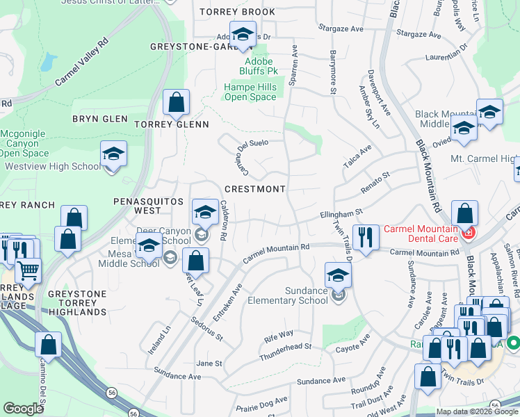 map of restaurants, bars, coffee shops, grocery stores, and more near 13522 Benbow Court in San Diego