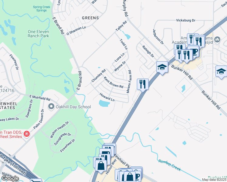 map of restaurants, bars, coffee shops, grocery stores, and more near 1118 Homer Johnson Lane in Garland
