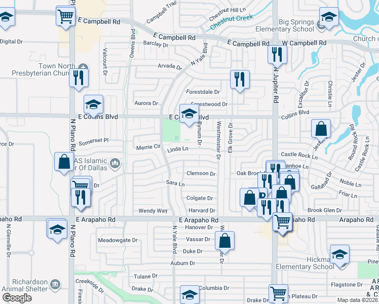 map of restaurants, bars, coffee shops, grocery stores, and more near 1816 Linda Lane in Richardson