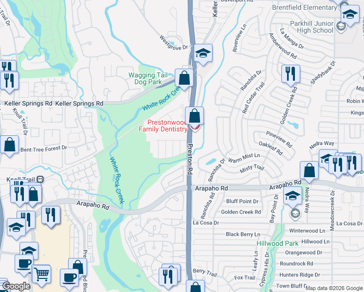 map of restaurants, bars, coffee shops, grocery stores, and more near 15912 Archwood Lane in Dallas