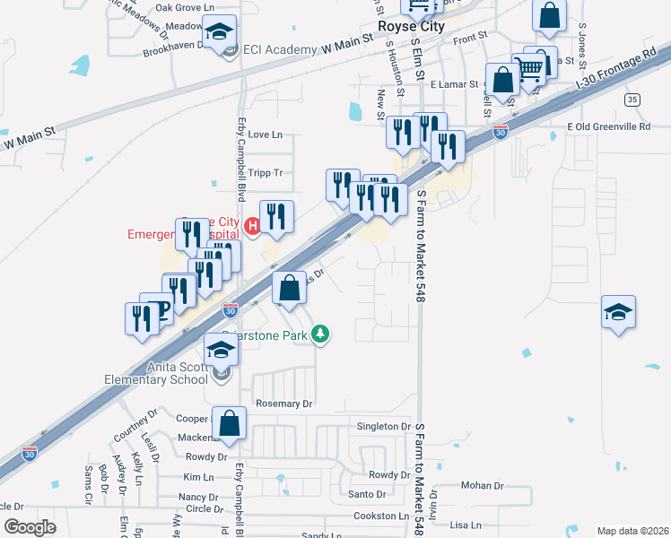 map of restaurants, bars, coffee shops, grocery stores, and more near 317 Briar Oaks Drive in Royse City
