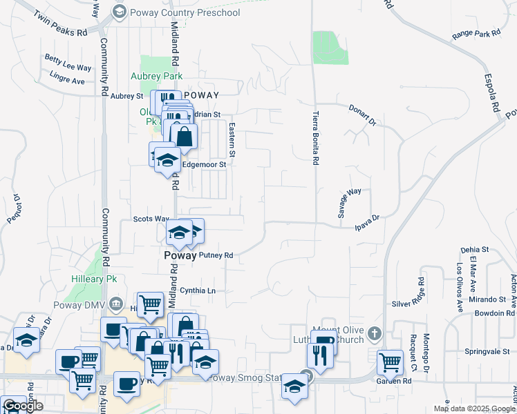 map of restaurants, bars, coffee shops, grocery stores, and more near 13918 Putney Road in Poway