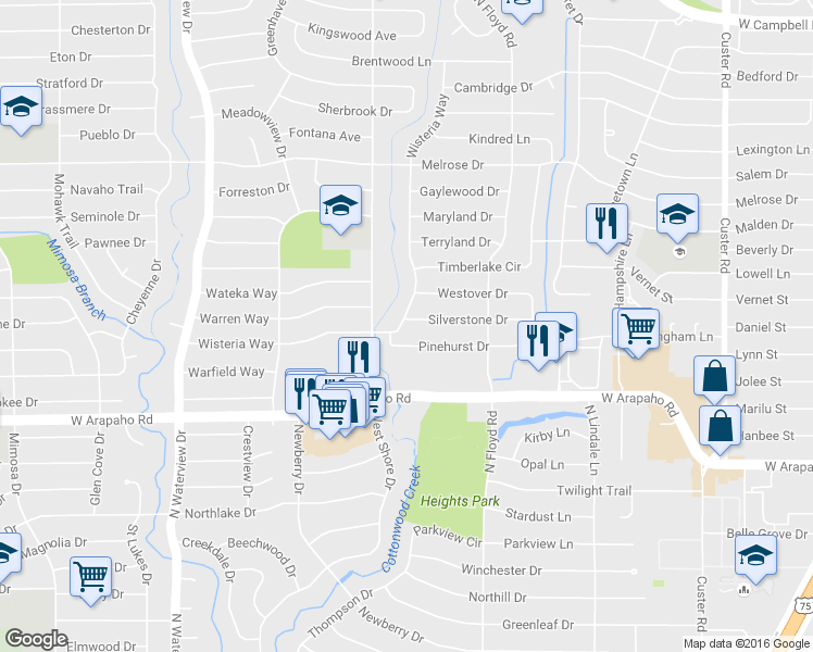 map of restaurants, bars, coffee shops, grocery stores, and more near 729 Silverstone Drive in Richardson