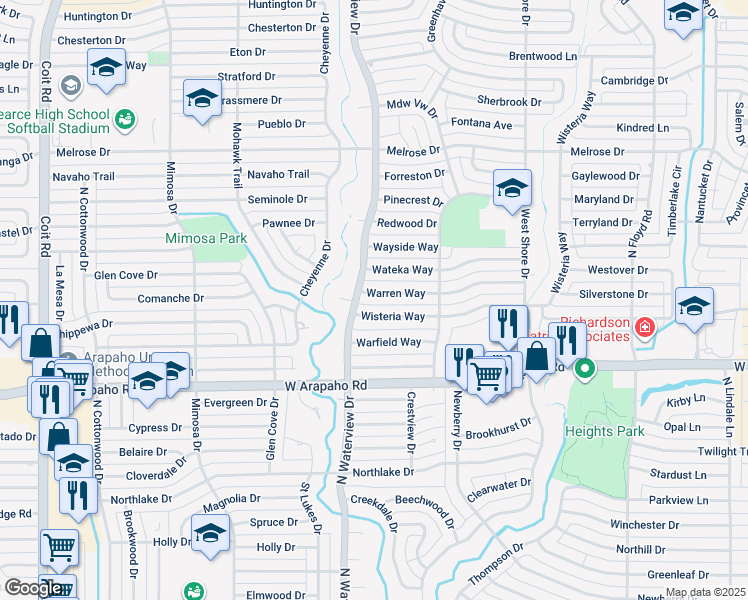 map of restaurants, bars, coffee shops, grocery stores, and more near 923 Warren Way in Richardson