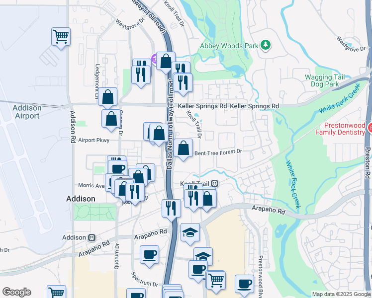 map of restaurants, bars, coffee shops, grocery stores, and more near 5151 Bent Tree Forest Drive in Dallas
