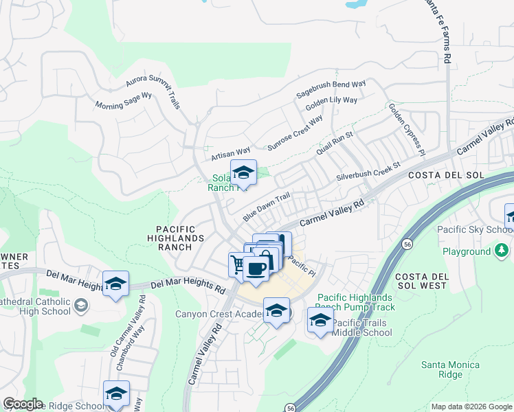 map of restaurants, bars, coffee shops, grocery stores, and more near 6096 Blue Dawn Trail in San Diego