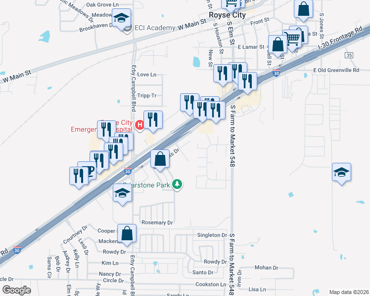 map of restaurants, bars, coffee shops, grocery stores, and more near 317 Briar Oaks Drive in Royse City